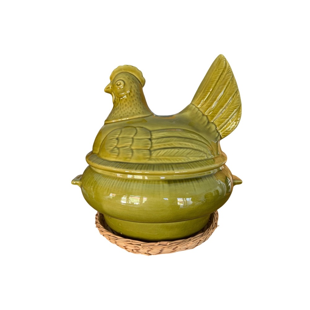 Green Ceramic Chicken Hen Tureen with Wicker Trivet Vintage